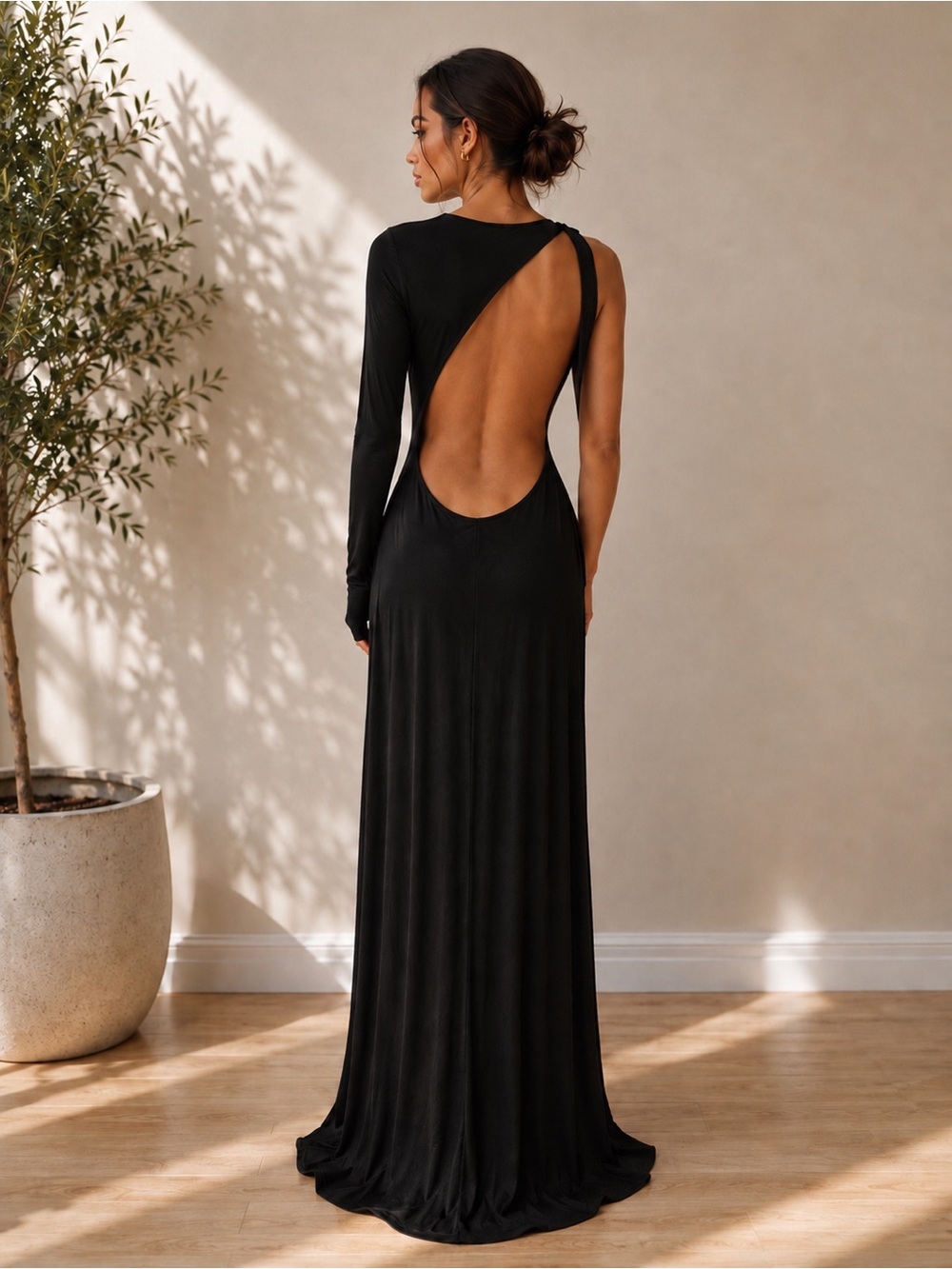 A.B.S. Allen Schwartz One Shoulder Cutout Black Maxi Gown Slit NWOT L